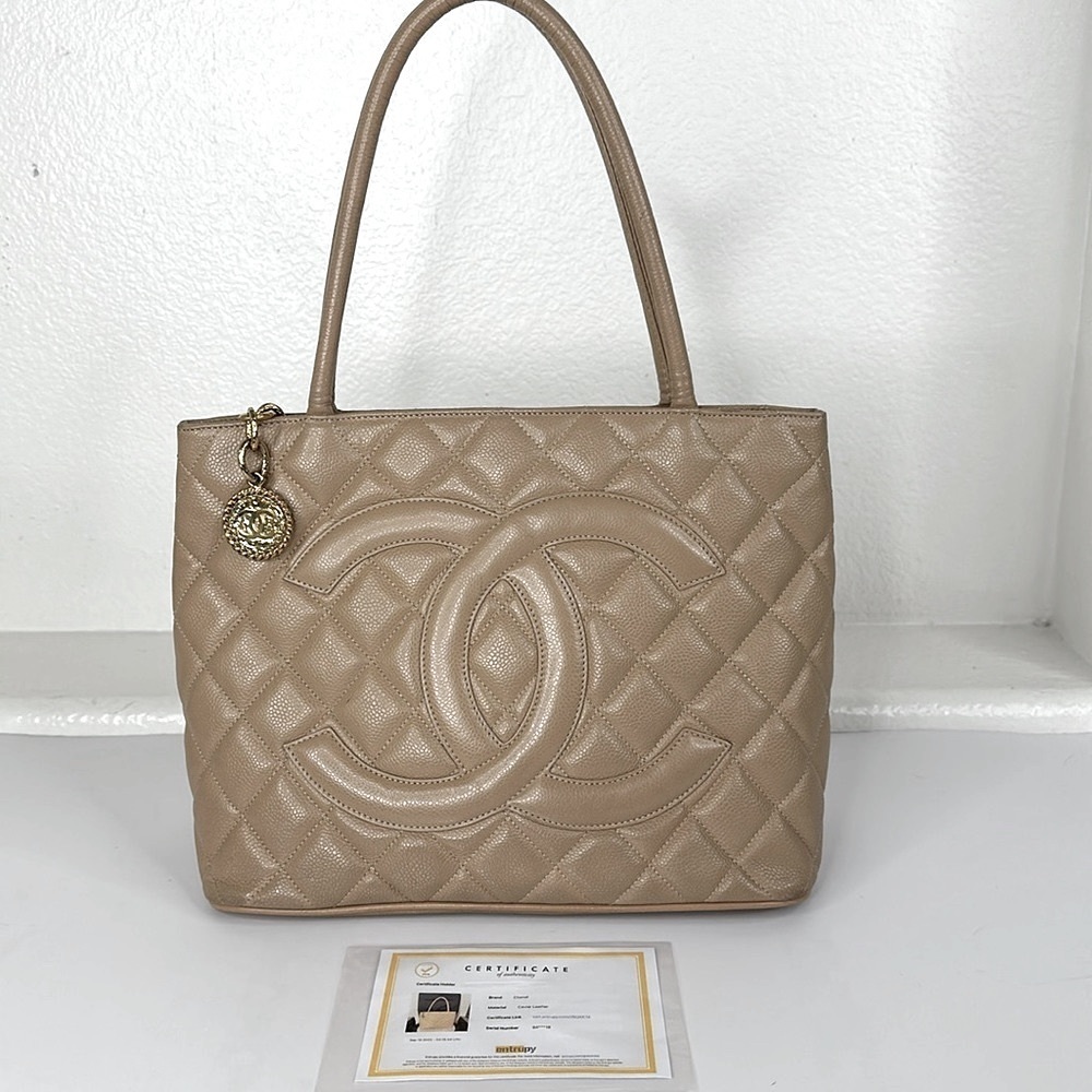 CHANEL Beige Quilted CC Tote with Gold Medallion Charm